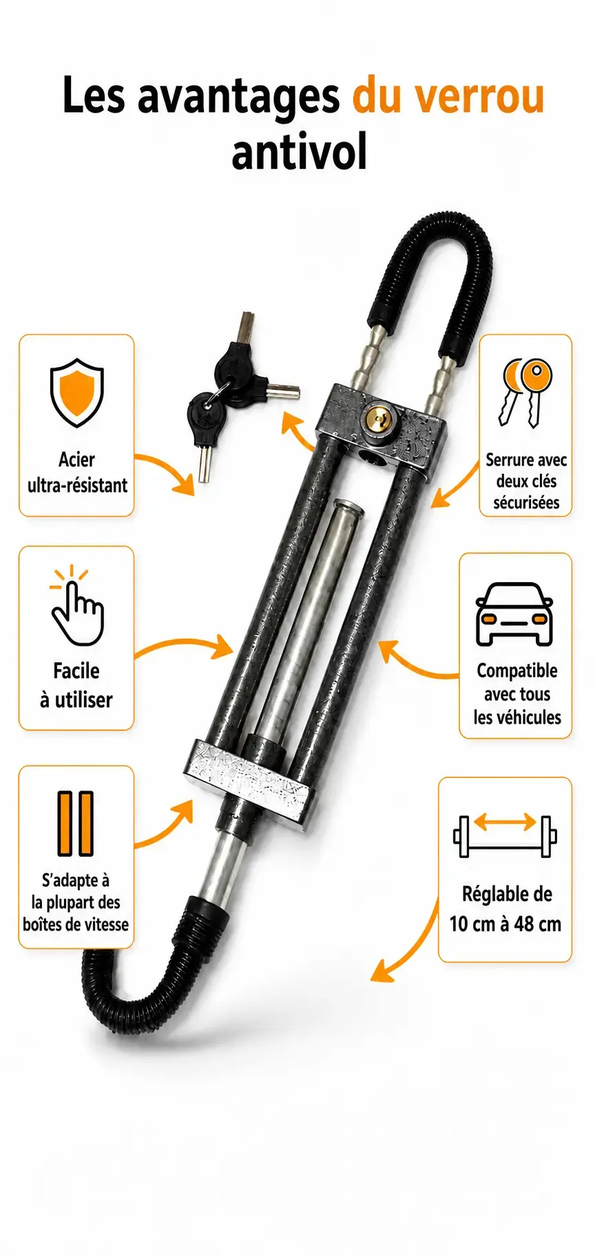 Antivol Volant–Pédale Double Barre Renforcé 02